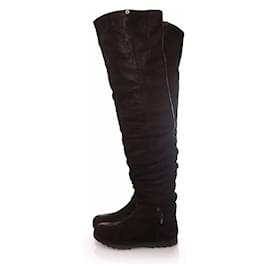 Prada-Prada, black long leather wrinkle boots.-Black