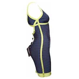 Herve Leger-HERVE LEGER, blue bodycon dress with lime green framing in size S.-Blue