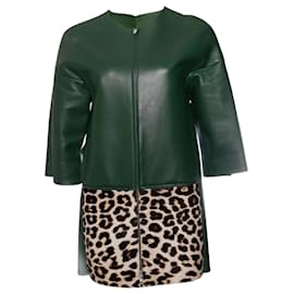 Céline-Celine, Cazadora de cuero verde con piel de potro de leopardo.-Verde