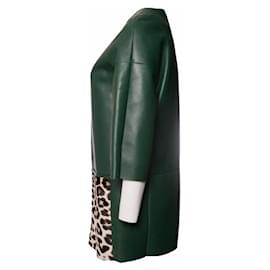 Céline-Celine, Green leather jacket with leopard ponyskin-Green