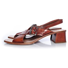 Prada-Prada, brown leather cross sandal-Brown