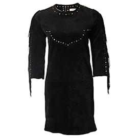 Autre Marque-ParDanie, Black leather/robe en daim avec franges et clous en taille S.-Noir