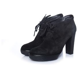 HOGAN, black suede ankle lace-up boots. Black