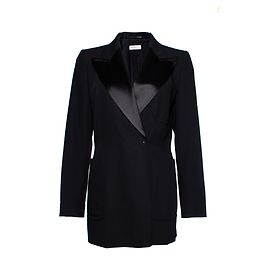 Dries van Noten, Schwarzer Wollblazer mit glänzendem Revers und Druckknöpfen in Größe EU40/l. Schwarz