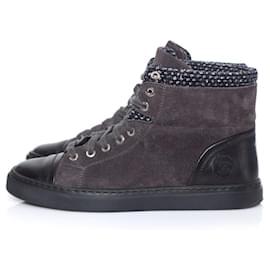 Chanel-Chanel,  high top cc logo tennis sneakers with tweed-Grey