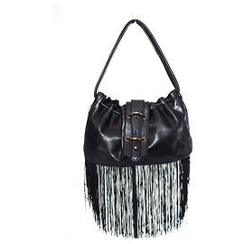 EMPORIO ARMANI, Vintage schwarze Lederhandtasche mit Fransen. Andere