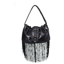 Emporio Armani-EMPORIO ARMANI, Vintage black leather handbag with fringes.-Other