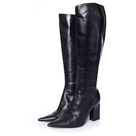 Michel Perry-Michel Perry, Black leather boots with pointed toe.-Black
