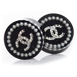 Chanel-Chanel, Pendientes redondos de perlas y strass-Negro