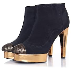 Chanel-Chanel, Black ankle platform boots with gold heel-Black