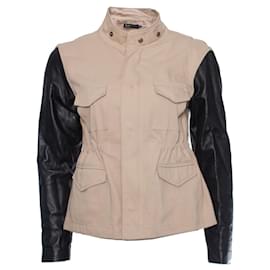 Autre Marque-JET John Eshaya, Beige jacket with leather sleeves.-Brown,Black