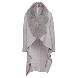 Blumarine-BLUMARINE, Gray woolen cardigan with fur collar.-Grey