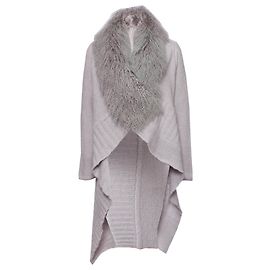 BLUMARINE, Grauer Woll-Cardigan mit Pelzkragen. Grau