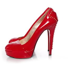Versace Jeans Couture-VERSACE Jeans Couture, Red Patent leather platform pumps with gold studs in size 39.-Red