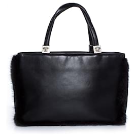 GIANNI VERSACE HANDBAG, black fabric with patent leather trims and