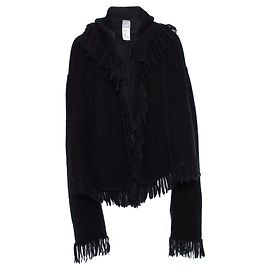 HERVE LEGER, Schwarzer Mohair-Cardigan mit Kapuze und Fransen. Schwarz