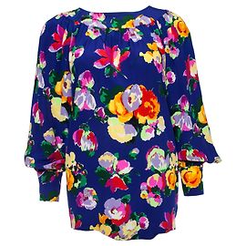 Autre Marque Ungaro, Blusa in seta blu con stampa floreale. Multicolore