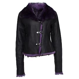 Autre Marque-Olivier Strelli, Black lammy coat with purple fur.-Black,Purple