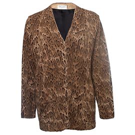 SAINT LAURENT, Cardigã de lã com estampa de leopardo Marrom
