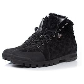 Gucci-gucci, Black shearling lace up trainers-Black