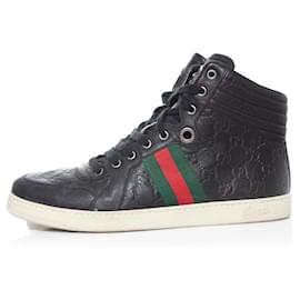 Gucci-Gucci, Zapatillas altas de piel con GG y detalle de tribanda-Negro