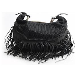 Ermanno Scervino-Ermanno Scervino, black woven handbag with leather fringes.-Black