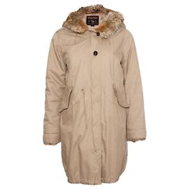 WOOLRICH, Khaki/sand colored hooded parka with removable fur lining in size S. Brown Green