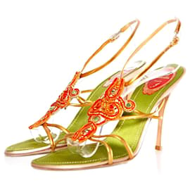 Rene Caovilla-René Caovilla, Sandali gioiello con arancio/rosso/pietre verdi e cinturini in pelle dorata di dimensioni 39.5.-Multicolore