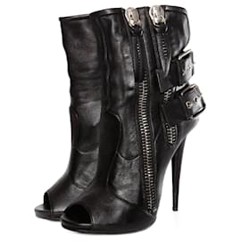 Giuseppe Zanotti-Giuseppe Zanotti, black leather peep-toe ankle boots with silver zippers in size 38.5.-Black