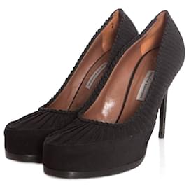 Tabitha Simmons-Tabitha Simmons, Black ruched woven round-toe pumps with concealed platforms and covered heels.-Black