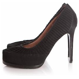 Tabitha Simmons-Tabitha Simmons, Black ruched woven round-toe pumps with concealed platforms and covered heels.-Black