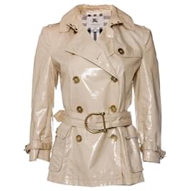 Burberry-Burberry, Beige double-breasted laminated gabardine coat in size IT42/S.-Brown,Other