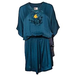 Lanvin-LANVIN (VENDIMIA), Vestido color petróleo con detalle ocre en talla 38fr/S.-Azul