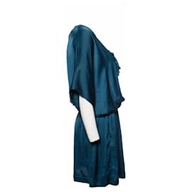 Lanvin-LANVIN (VENDIMIA), Vestido color petróleo con detalle ocre en talla 38fr/S.-Azul