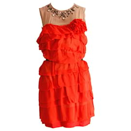 Lanvin For H&M-LANVIN for H&M, Ruffled sleeveless cocktail dress with elastic belt and embellishment details in size 38/S.-Orange