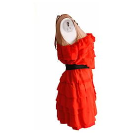 Lanvin For H&M-LANVIN para H&M, Vestido de cóctel sin mangas con volantes, cinturón elástico y detalles de adornos en talla 38/S.-Naranja