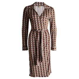 Autre Marque-omnia, vestido cruzado en marrón/beige con estampado gráfico en talla UK10/S.-Castaño