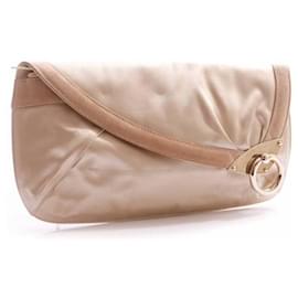 Jimmy Choo-Jimmy Choo, beige satin clutch with brown suede border and golden hardware.-Brown,Other