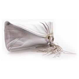 Jimmy Choo-Jimmy Choo, silver leather clutch with fringes.-Silvery