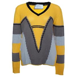 Prada-Prada, suéter de cachemira en amarillo y gris-Gris,Amarillo