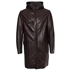 Prada, Parka en cuir à capuche marron Marron Vert