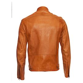 Kenzo-KENZO, Blouson motard en cuir orange-Marron,Orange