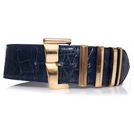 Gianni Versace-Gianni Versace, Cinturón de piel con estampado de cocodrilo azul-Azul