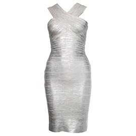 Herve Leger-Herve Leger by Max Azria, silver off shoulder body con dress-Silvery