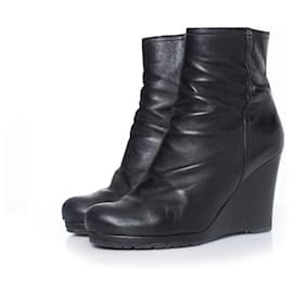 Prada-Prada, Black leather wrinkled wedge ankle boots-Black