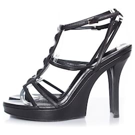 Yves Saint Laurent-YVES SAINT LAURENT, Black leather strap sandals-Black