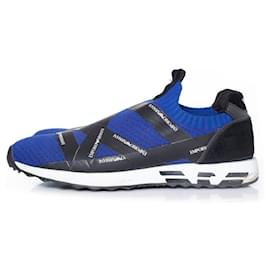 Emporio Armani-EMPORIO ARMANI,  cross over logo strap sneakers-Black,Blue