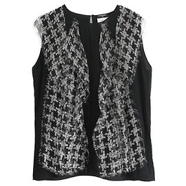 Chanel Spring 2010 Houndstooth Silk Frilled Blouse Black Cream