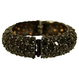 Kenneth Jay Lane-KENNETH JAY LANE Women's wide hinge black crystal rhinestone cabochon bracelet-Black