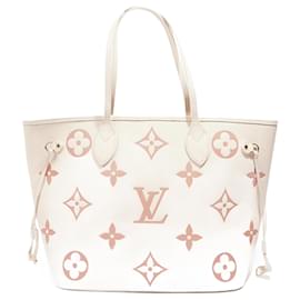 Louis Vuitton-Louis Vuitton Neverfull Crème / Cuir Empreinte Rose MM-Écru